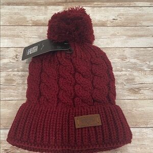 Burgundy Cable Knit Pom-Pom Beanie